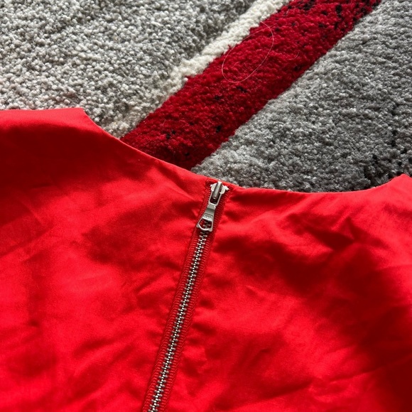 Bardot Revolve Red Ruched Puff Sleeve Ruffle Hem Mini Dress - Picture 7 of 7